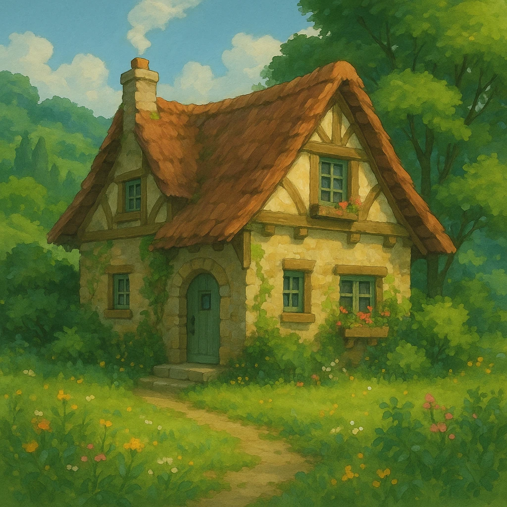 cozy cottage in a lush landscape with gentle lighting in ghibli style emoji