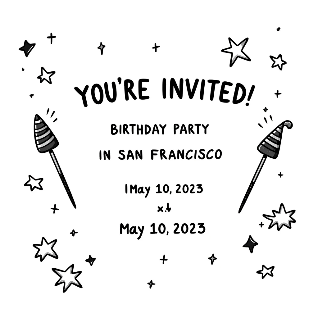 magical themed birthday party invitation illustration with sparkles, wands, whimsical decorations, including the text: 'You're Invited! Birthday Party in San Francisco, May 10, 2025' emoji