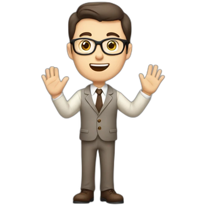 To belt Actively gesturing with hands Okay Pale skinned fit man with dark brown hair in gray jacket, beige office shirt, brown tie, brown pants and vintage glasses. emoji
