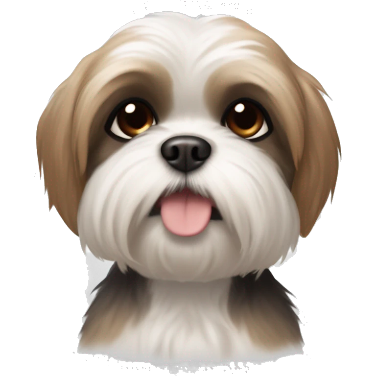 A white shih tzu with black eyes very light brown hair around the eyes brown ears which fade to black at the bottom in a University of Texas Shirt on and make it Pixar style emoji