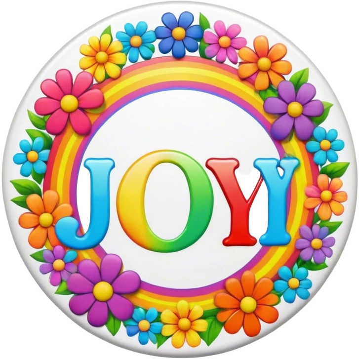 A round psychedelic colored button that says joy with rainbow colored hippie style flowers emoji
