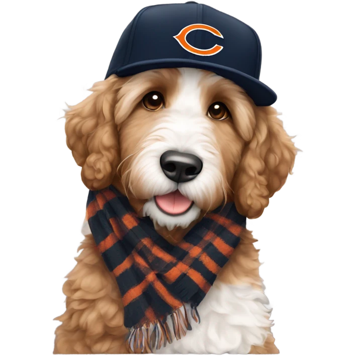 Bernedoodle with chicago bears hat and scarf emoji