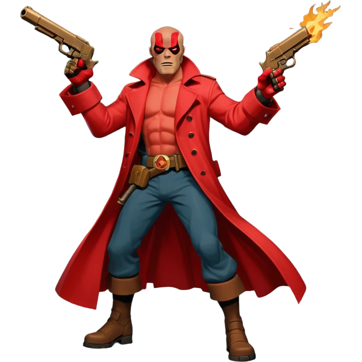 cinematic realistic superhero Hellboy by Mike Mignola jumps and shoots with a bronze pistol emoji