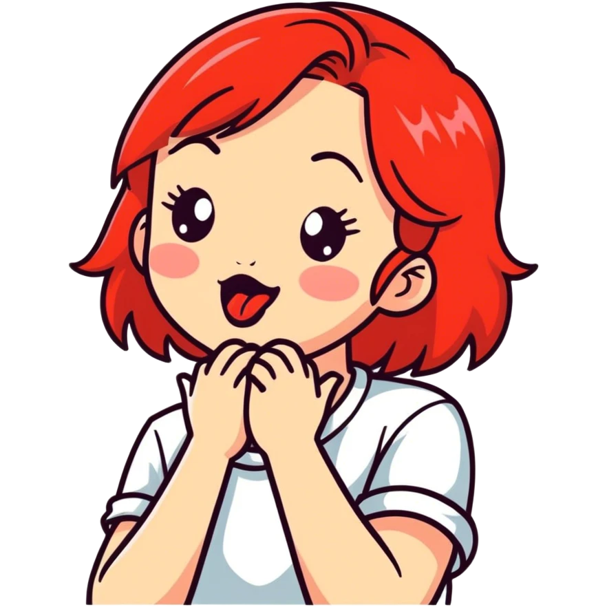 White girl with red hair, crossing her hands against her neck with her tongue sticking out emoji