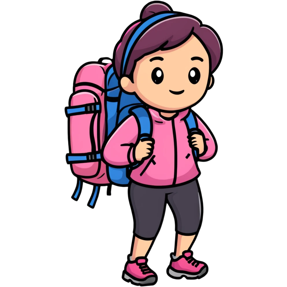 woman wearing pink clothes with hiking backpack emoji