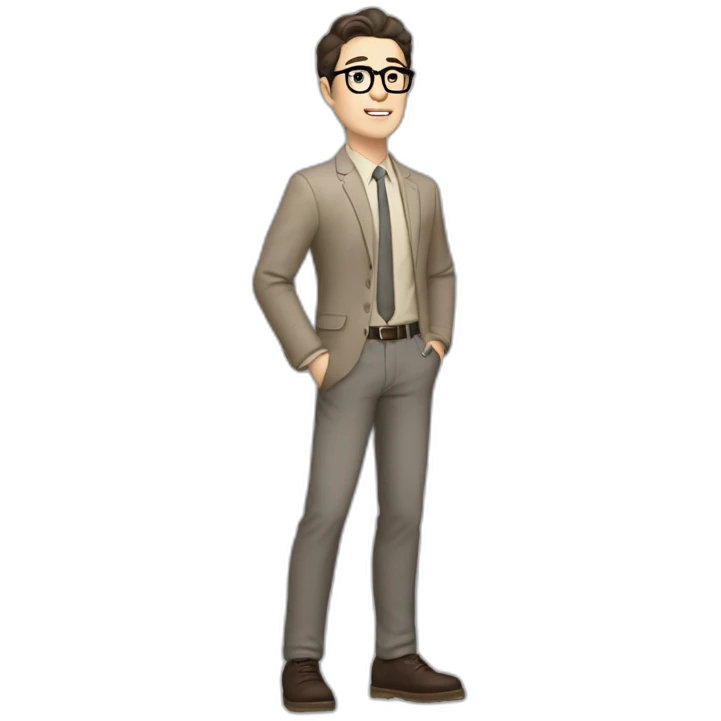 Full height Pale skinned Fit Man With dark brown hair in gray classic jacket, beige office shirt, Brown pants and vintage glasses. Thrumbs of his palms upwards emoji