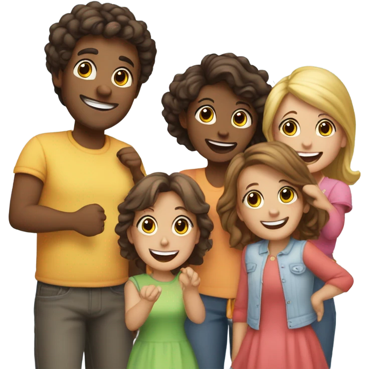 A dad, mom, and three daughters saying “who’s hungry” emoji
