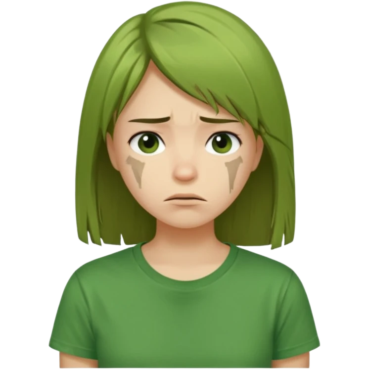 Chica joven con el pelo liso y dañado, descuidado, camiseta verde, con cara triste y desanimada emoji