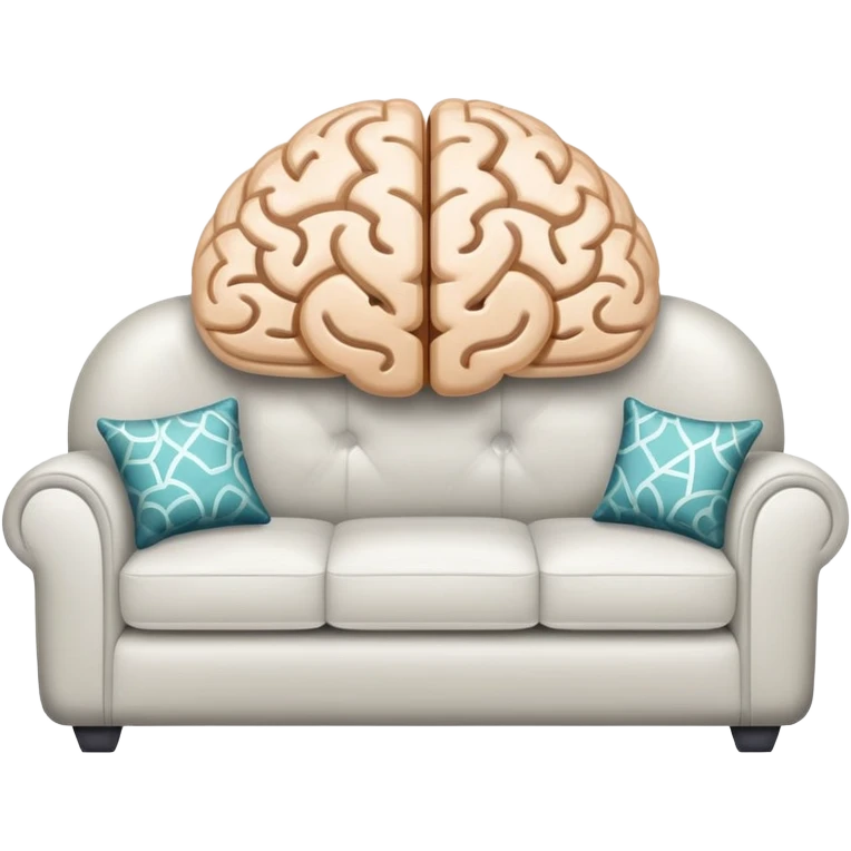 An icon featuring a brain, a couch, and a psychological test, symbolizing the study of psychology. The design includes abstract patterns representing the mind, with a calm, therapeutic setting in the background. Transparent background highlights the exploration of human behavior and mental health. emoji