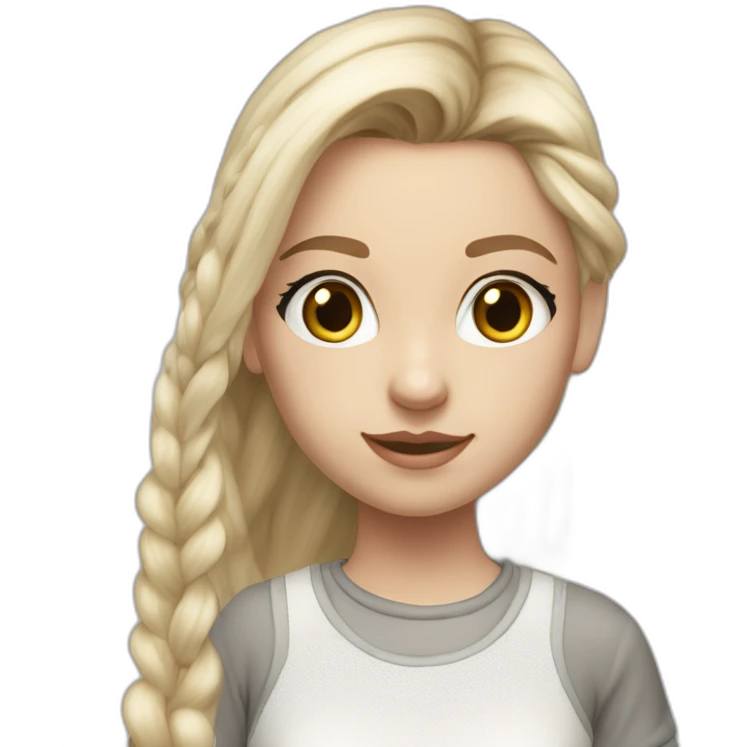 hyperrealist caucasian girl, long straight blonde hair, white sheer laced top, grey micro skirt, grey and white sneakers emoji