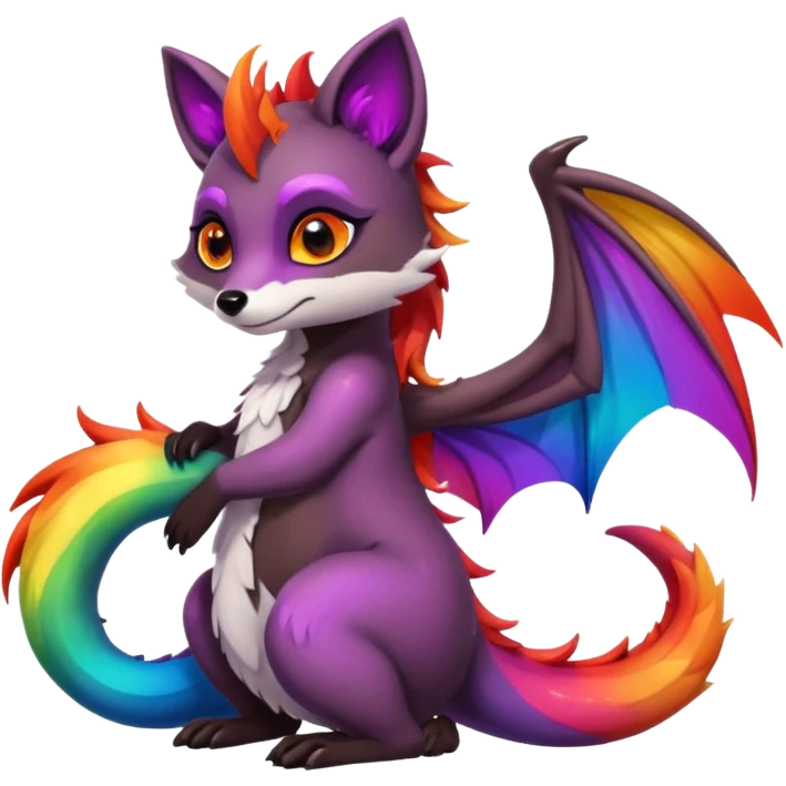black female raccoon dragon hybrid with rainbow colored wings and purple eyes hugging a red female fox dragon hybrid with rainbow colored wings and orange eyes emoji