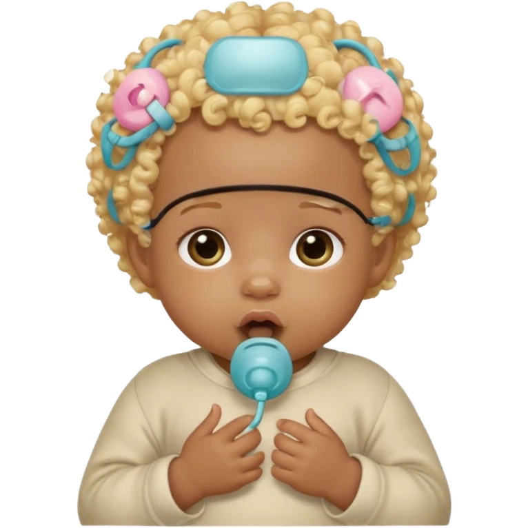 Black newborn baby, short tuft of curly blonde hair, pacifier in mouth emoji