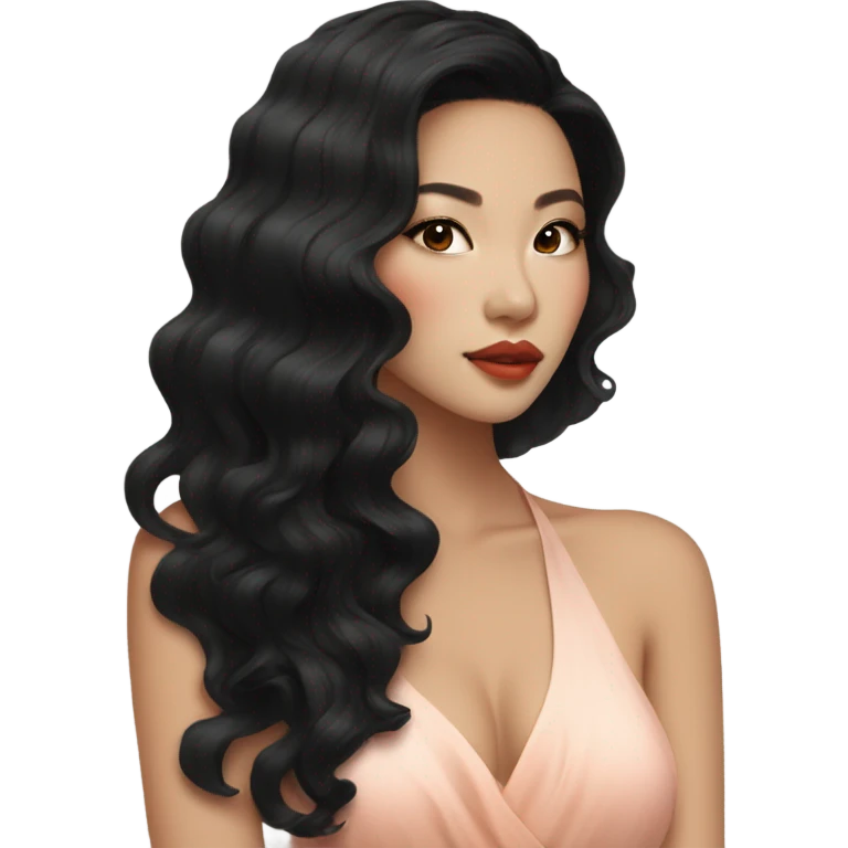 stunning asian woman black wavy hair, peachy lips emoji