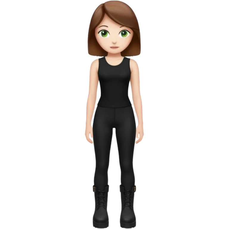 Create a Mistress with brown hair, green eyes, platform boots and black leggings and top emoji