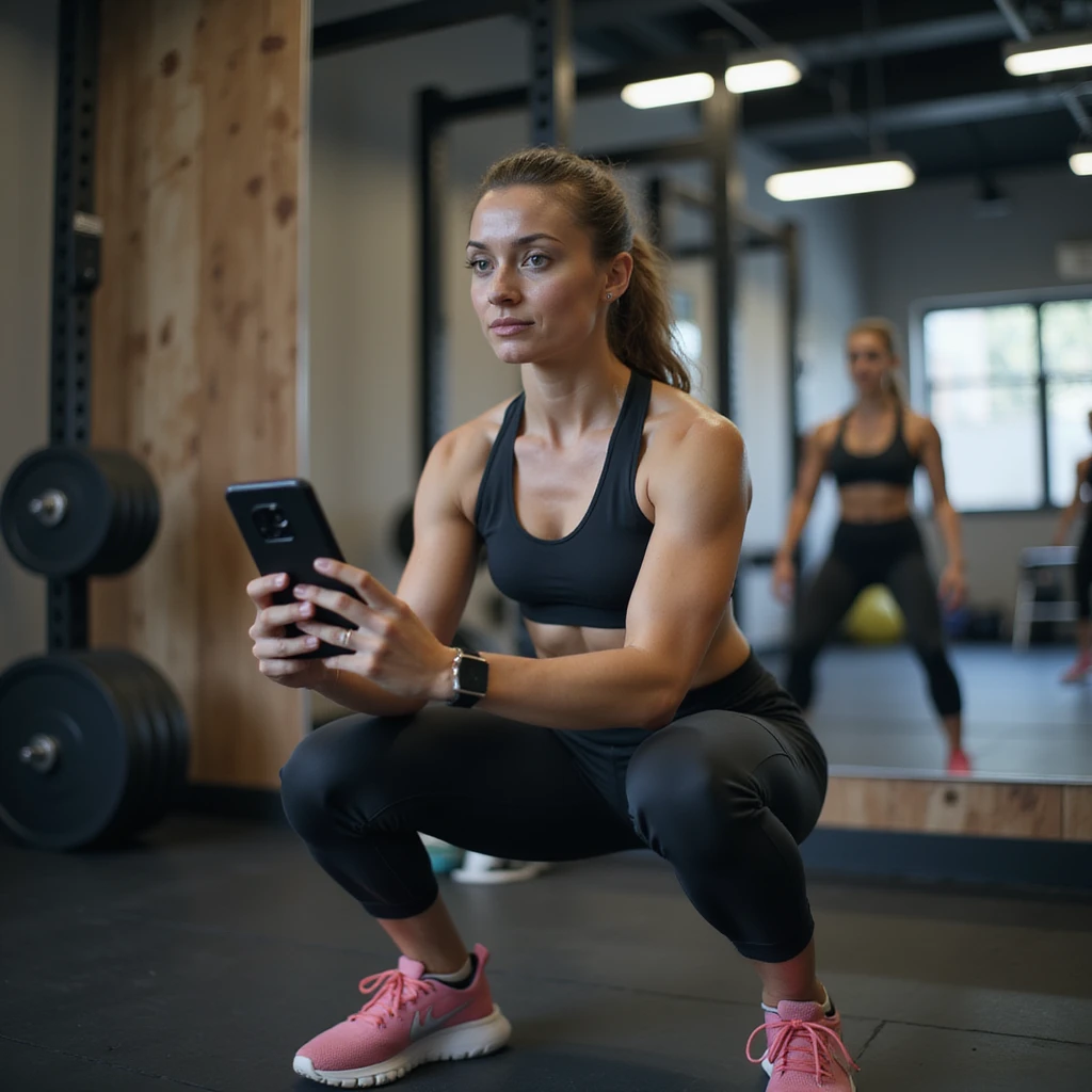 young woman in modern sportswear in gym, doing a video check with smartphone for remote coach, performing squats in front of mirror, gym equipment environment, hyperrealistic details, 4K, motivational atmosphere, 1/8 emoji