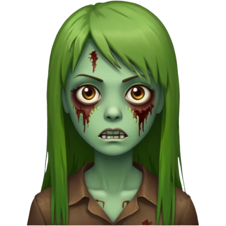 Zumbi feminino, de pele verde, cabelo marrom, longo, liso e castanho com franja reta emoji
