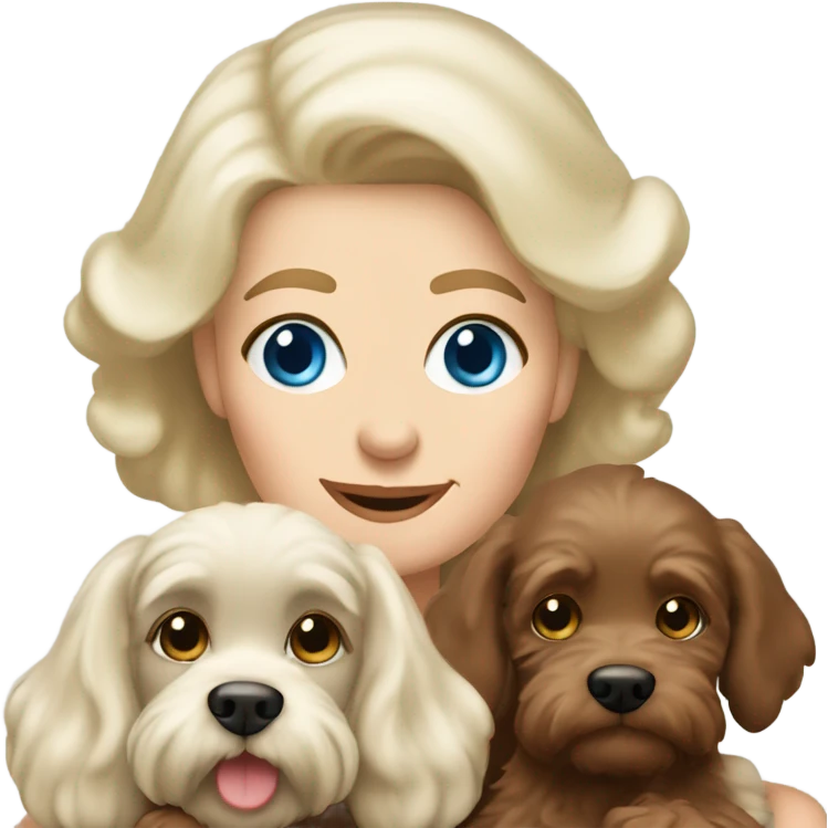 blue eyed old blonde lady with dark brown Cockapoo puppy dog emoji