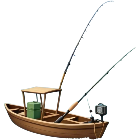 Icon for Fishing Travel: a boat on a calm lake surrounded by mountains and lush greenery, with fish jumping out of the water, a fishing rod, tackle box. The icon should capture the peaceful and adventurous nature of fishing trips. Transparent background. emoji