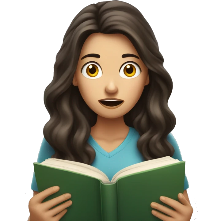 brunette long wavy hair woman shocked face while holding and reading book emoji