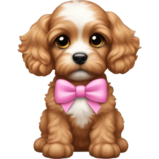 Cavapoo puppy with a pink bow on each ear emoji