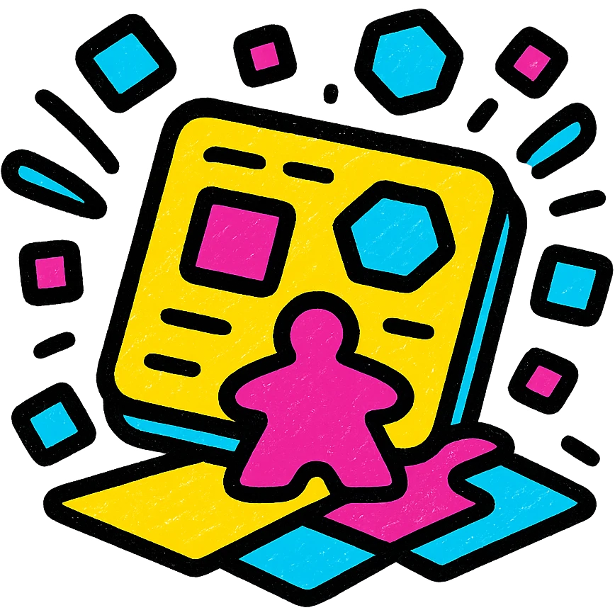 playful icon of a board game with scattered square and hex tiles, radiating joy and fun, perfect for a Discord community emoji