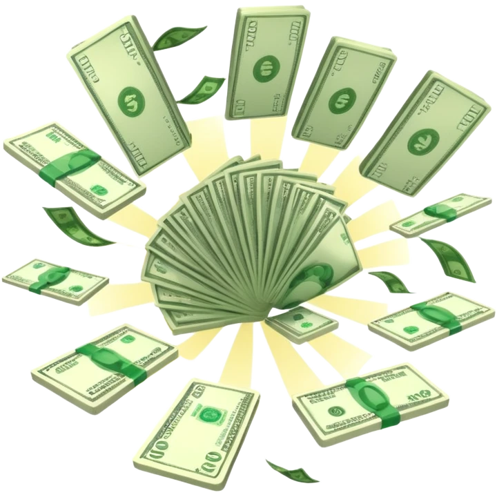 Add more cash flying around, bundles of US dollars, casino winnings vibe, lucky flight, jackpot feeling emoji