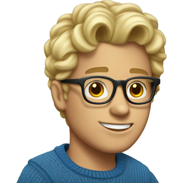 blond guy with glasses, a "curtain" hairstyle, wearing a blue zip-up sweater emoji