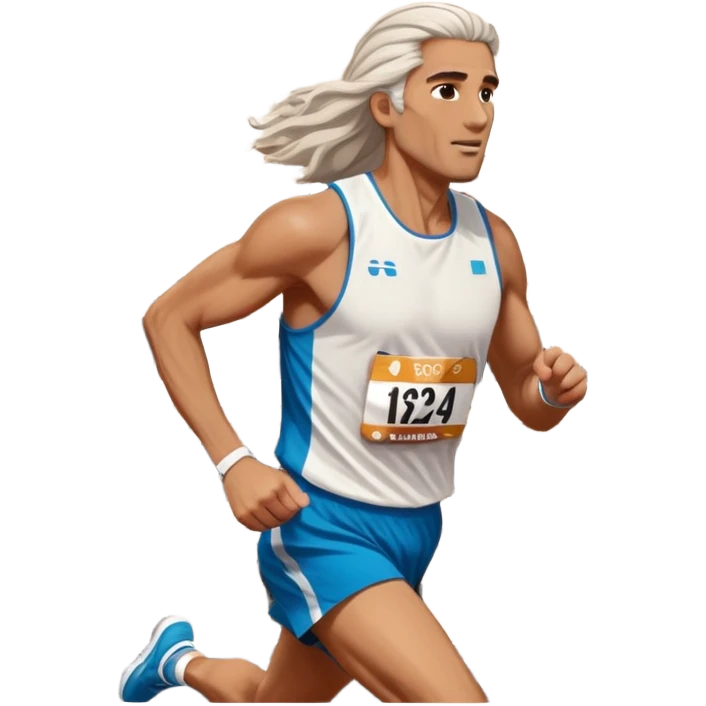Tall man with long brown and white hair running in Rome marathon, Colosseum in background emoji