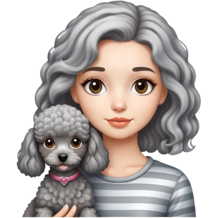 A beautiful American-style girl has streaked hair and a miniature gray Poodle. emoji