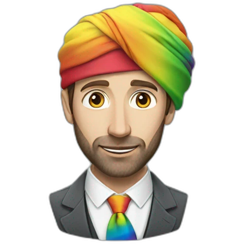Gareth Southgate wearing a turban and waistcoat and a rainbow tie emoji