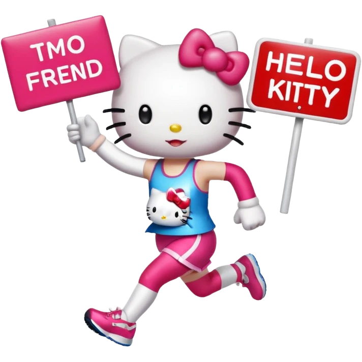 hello kitty cheering on a friend running the marathon, where she is holding a marathon sign. make sure the fae looks exactly like hello kitty - give her eyes and a nose but no mouth emoji
