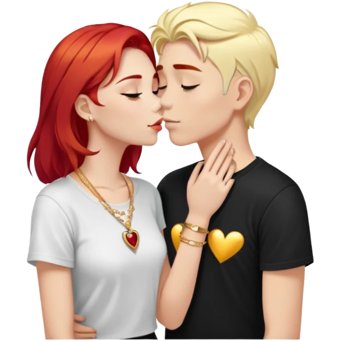 close-up of young 20 year old couple kissing, girl with red hair and blonde eyebrows wearing gold jewelry and light clothes, boy with white hair wearing dark t-shirt emoji