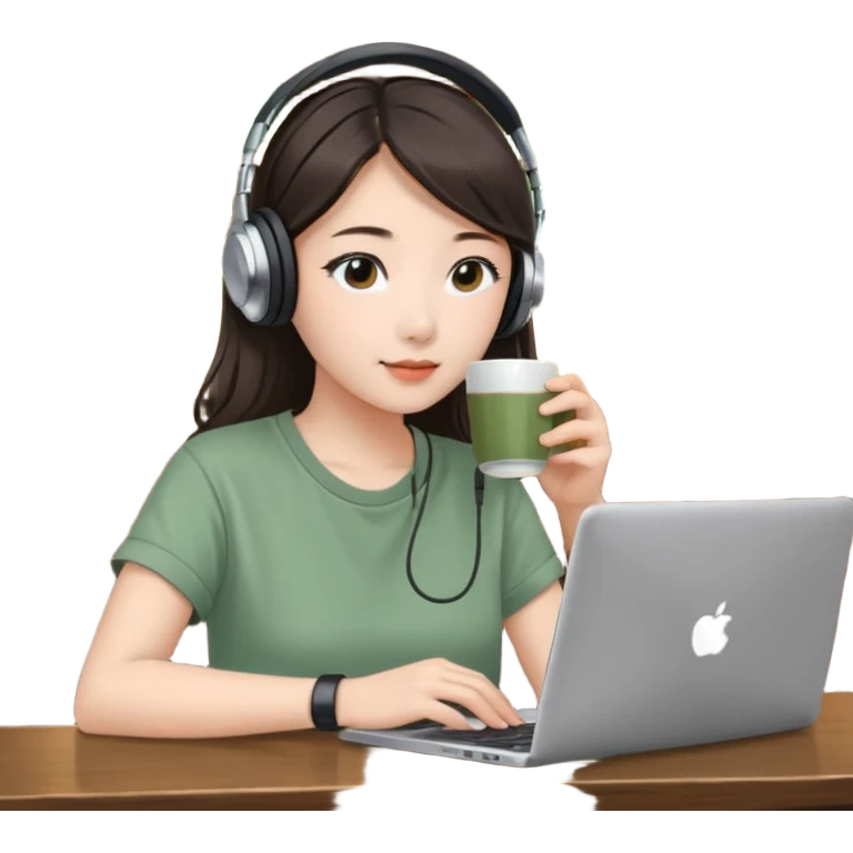 A Korean girl at a dive bar with a laptop and headphones with coffee watchin a korean drama the shirt in sage green emoji