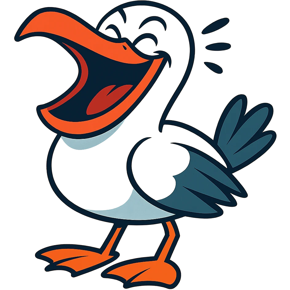 a seagull laughing hard, expressive, comical, vibrant toon style, cartoonish emoji