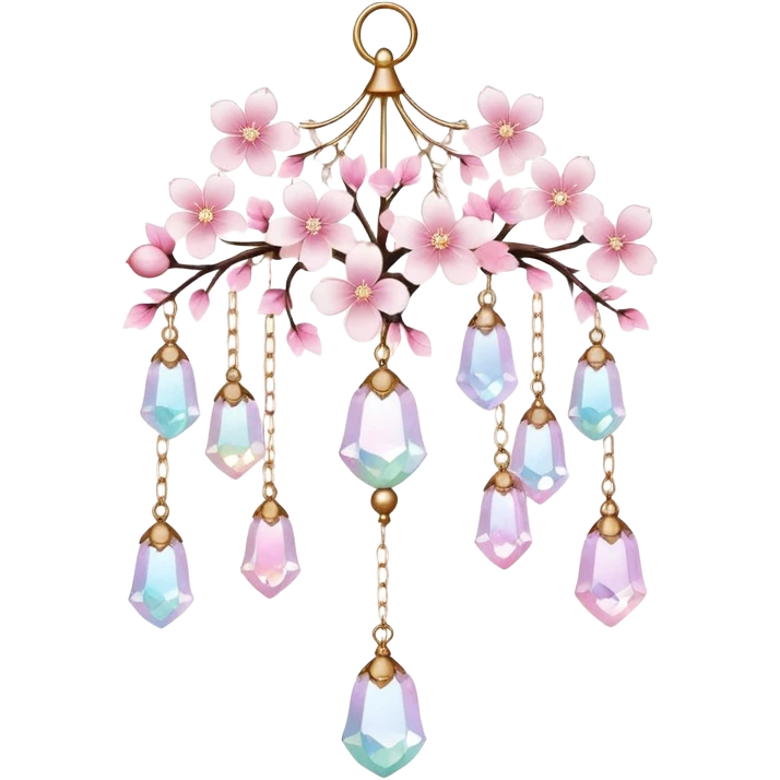 Hanging Iridescent pastel pink sakura crystals white-pearly suncatcher with a tiny bell chandelier emoji