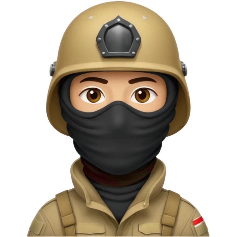 
an Iraqi soldier with a serious face, wearing a helmet and a balaclava covering his mouth emoji