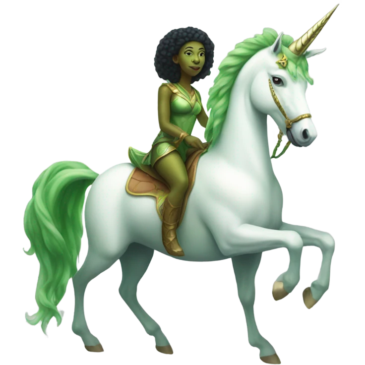 a green amazon alien woman on a four-legged white unicorn emoji