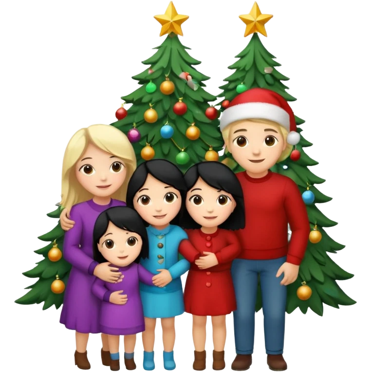 Generate Christmas-style emojis  family. Where light-skinned people stand near the tree all together, hugging and smiling.  girl should be Light-haired woman, woman, black-haired woman, and 1 man . Add 4 people: Mother, Sister, Sister, Brother  emoji