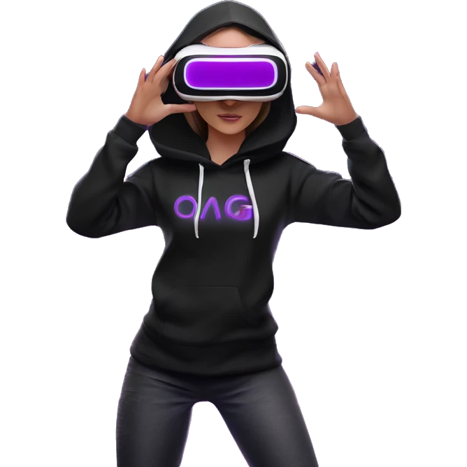 Russian girl wearing black hoody with violet letters "OMG", in vr headset oculus quest2. Standing like jedi. Cyberpunk style. Violet neon. emoji