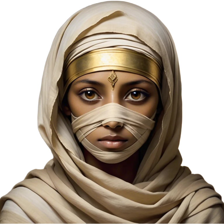 Regal and timeless, fully wrapped in meticulously aged bandages, even its face veiled in layers of ancient cloth with only faint glimpses of deep, solemn eyes peering through, adorned with faded gold accents, exuding an air of forgotten majesty and solemn duty, highly detailed, softly glowing, evoking the dignified mystery of an eternal guardian watching over lost secrets! emoji