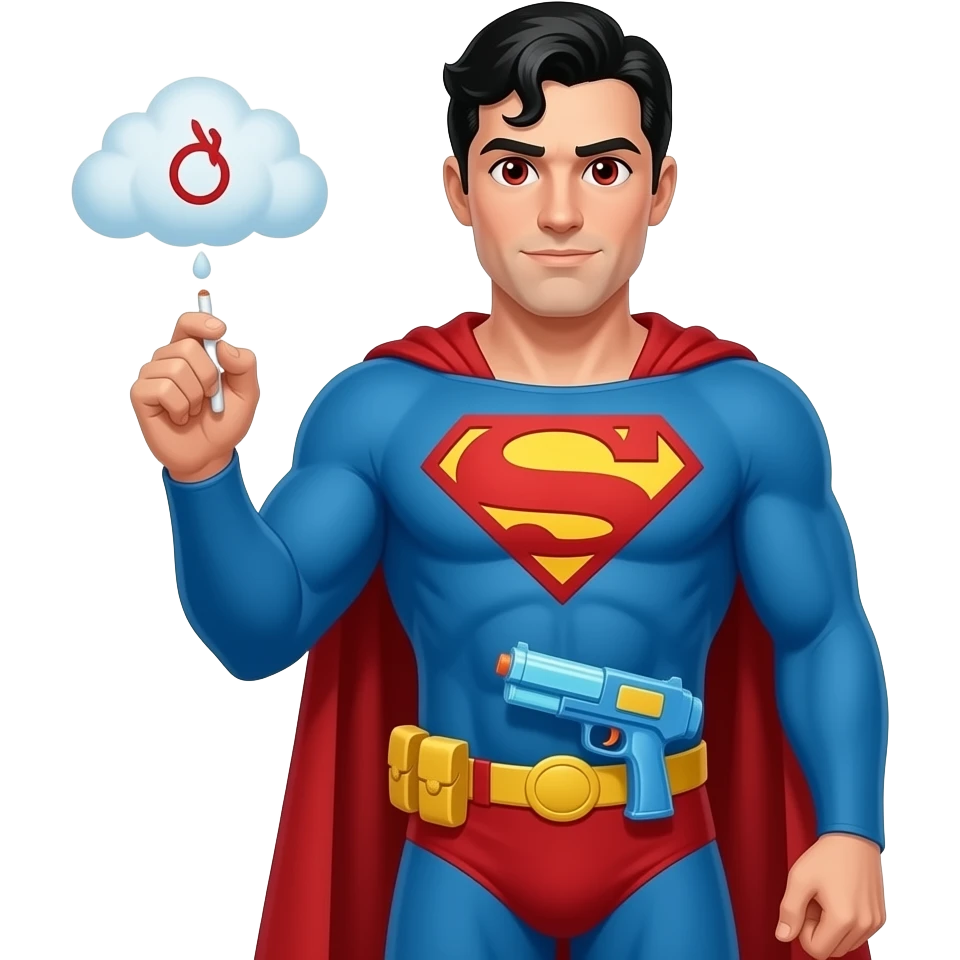 Make this with , the eyes have Cherries as pupils and the left hand is holding a joint and a gas emoji, right hand is relaxed and whole arm is down, emoji is seen until the waist with a water gun tucked Superman with his complete look emoji
