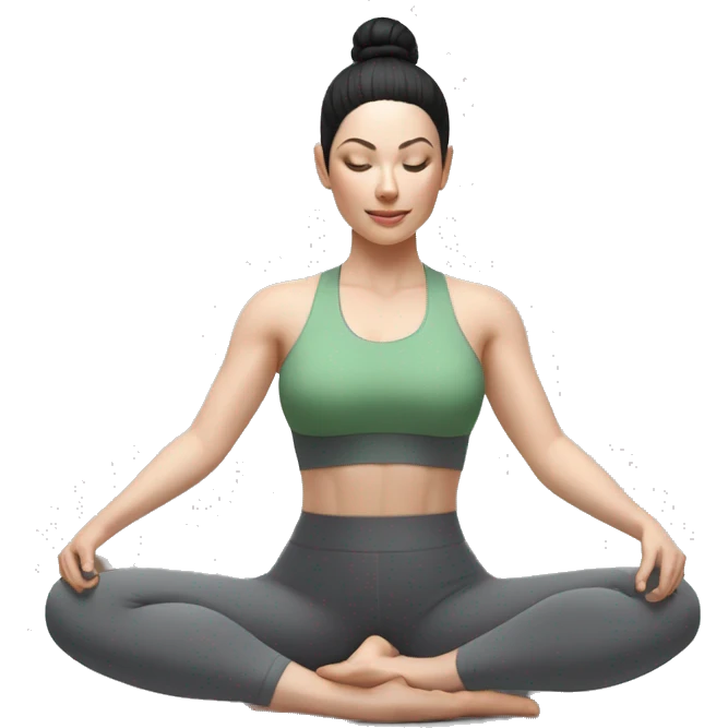 Pale skinned fit woman In a gray tight yoga suit and wristbands With ash black hair in a bun and green eyes doing yoga in a seated position emoji