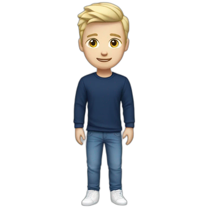 26 year old white British male with short blonde hair wearing a navy blue t-shirt, blue jeans and white sneakers emoji