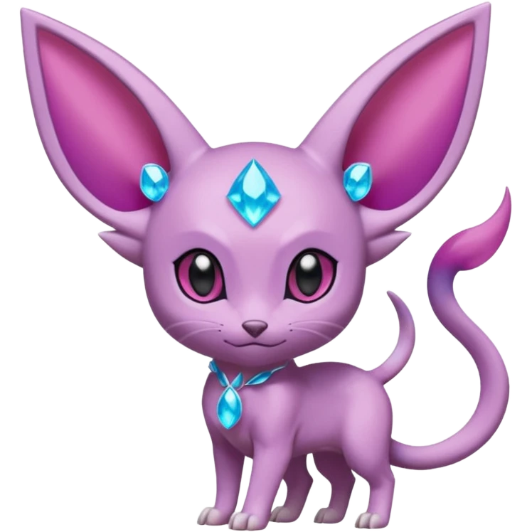 Espeon pokemon, pastel purple body color, dark pink jewel middle of forehead only, end of tail split in two, ear like flaps coming out 
of each cheek, inside of big pointy ears is blue
 (full body) emoji