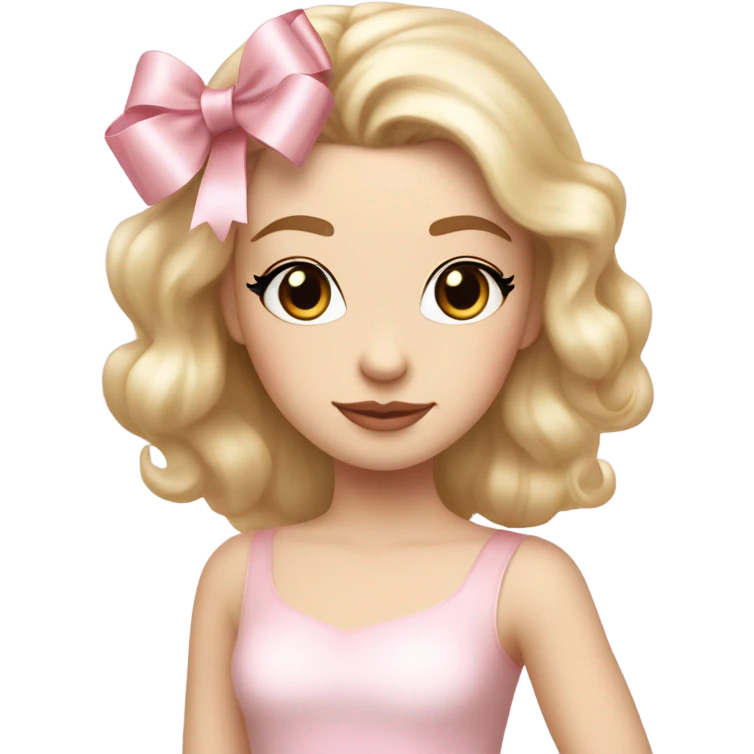 Pale super white women wearing a ballerina dress with soft pink makeup, ballerina shoes, a big ribbon, and cute tiny ribbon blonde hair  emoji