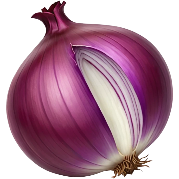 whole red onion, unpeeled, shiny papery purplish-red skin, natural striations, dried stem on top, dry root strands at base, 3D rendered, clean minimal soft shadows, realistic lighting, no anthropomorphic features, emoji scale emoji
