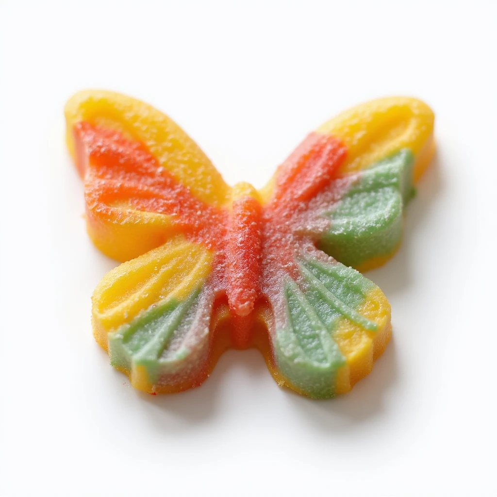 realistic butterfly-shaped candy with a marbled rainbow pattern, isolated on a transparent background, no visible background emoji