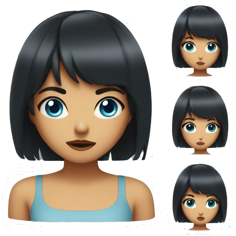 woman with peach skin with medium length black hair with bangs and blue eyes who is angry emoji