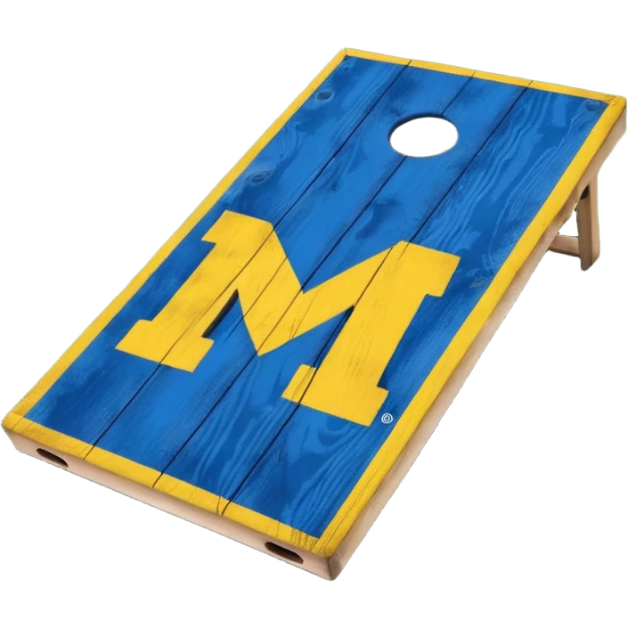 Cornhole board blue and yellow with Michigan “M” emoji