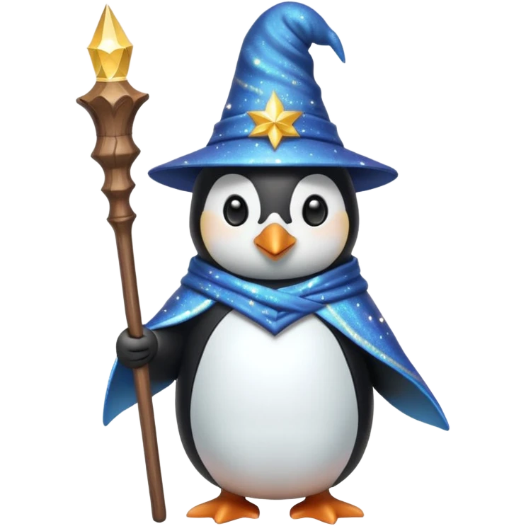 penguin wizard holding a staff wearing a pointed hat magical sparkles emoji